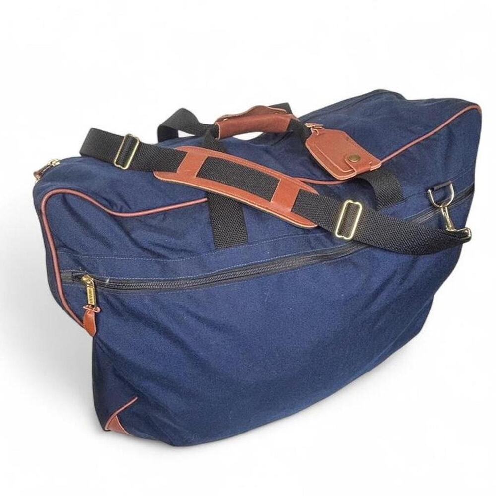 L.L. Bean 90s Vintage Duffle Travel Bag Shoft Shell Suitcase Blue Nylon Leather